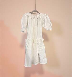 Antique Edwardian Style White Cotton Button-Front Prairie Dress with Lace Collar